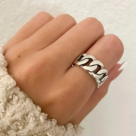 925 Sterling Silver Chunky Chain Link Ring Minimalist Curb Chain Ring - Picture 1 of 11